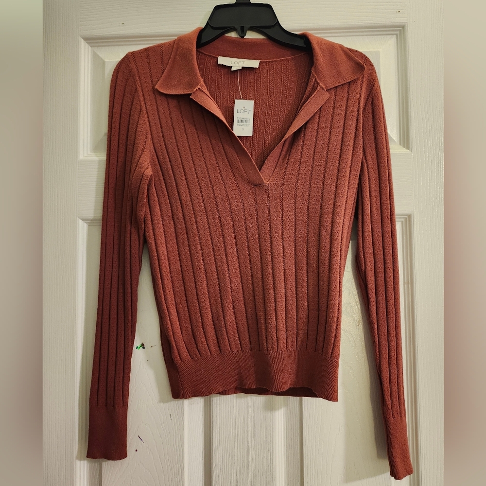 NWT LOFT Polo Style Ribbed Sweater in Brick Red Collar Size S Lightweight